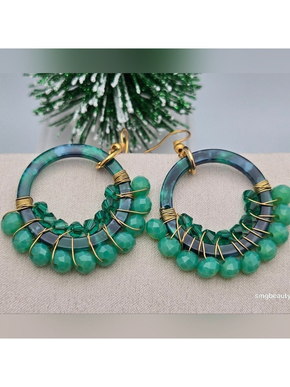 Handmade Boho Green Agate Dangle Earrings Wire Wrapped Brass Artisan Design